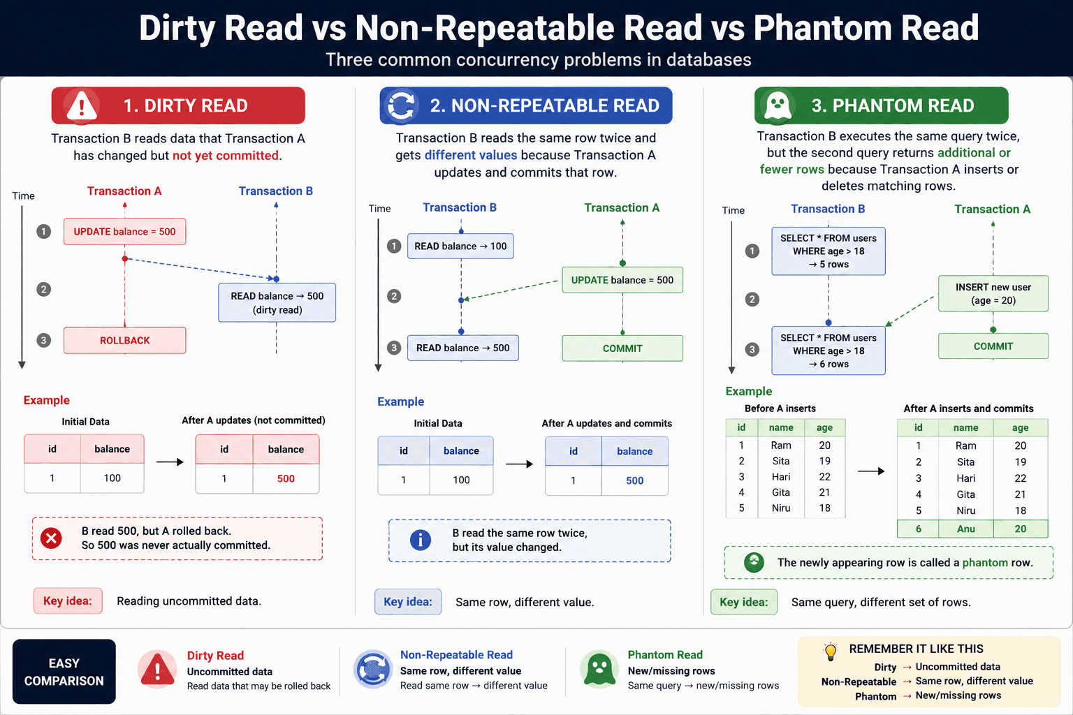 Dirty Read, Non-Repeatable Read, Phantom Read